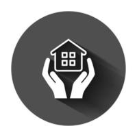 Home care icon in flat style. Hand hold house vector illustration on black round background with long shadow. Building quality business concept.