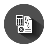 Money calculation icon in flat style. Budget banking vector illustration on black round background with long shadow. Financial payment business concept.