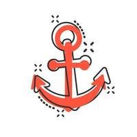 icono de signo de ancla de barco en estilo cómico. ilustración de dibujos animados de vector de equipo marítimo sobre fondo blanco aislado. efecto de salpicadura del concepto de negocio de seguridad marítima.