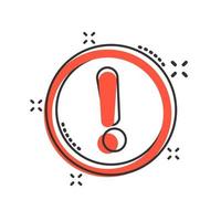 Exclamation mark icon in comic style. Danger alarm vector cartoon illustration on white isolated background. Caution risk business concept splash effect.