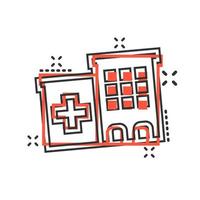 icono del edificio del hospital en estilo cómico. ilustración de dibujos animados de vector de enfermería sobre fondo blanco aislado. efecto de salpicadura de concepto de negocio de ambulancia médica.