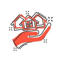 Home care icon in comic style. Hand hold house vector cartoon illustration on white isolated background. Building quality business concept splash effect.