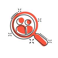 Search job vacancy icon in comic style. Loupe career vector cartoon illustration on white isolated background. Find people employer splash effect business concept.