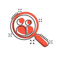 Search job vacancy icon in comic style. Loupe career vector cartoon illustration on white isolated background. Find people employer splash effect business concept.