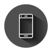 Phone device sign icon in flat style. Smartphone vector illustration on black round background with long shadow. Telephone business concept.