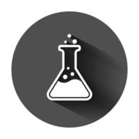 química vasos de precipitados firmar icono en plano estilo. matraz prueba tubo vector ilustración en negro redondo antecedentes con largo sombra. alquimia negocio concepto.