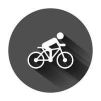 People on bicycle sign icon in flat style. Bike vector illustration on black round background with long shadow. Men cycling business concept.