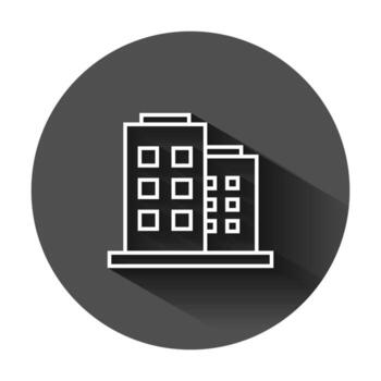 oficina edificio firmar icono en plano estilo. Departamento vector ilustración en negro redondo antecedentes con largo sombra. arquitectura negocio concepto.