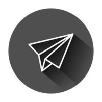 Paper airplane icon in flat style. Plane vector illustration on black round background with long shadow. Air flight business concept.