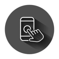 Hand touch smartphone icon in flat style. Phone finger vector illustration on black round background with long shadow. Cursor touchscreen business concept.