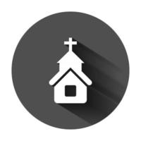 Church icon in flat style. Chapel vector illustration on black round background with long shadow. Religious building business concept.