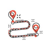 Move location icon in comic style. Pin gps vector cartoon illustration on white isolated background. Navigation business concept splash effect.