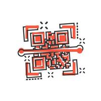 icono de escaneo de código qr en estilo cómico. Ilustración de dibujos animados de vector de identificación de escáner sobre fondo blanco aislado. efecto de salpicadura de concepto de negocio de código de barras.