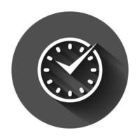Real time icon in flat style. Clock vector illustration on black round background with long shadow. Watch business concept.