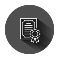 Certificate icon in flat style. License badge vector illustration on black round background with long shadow. Winner medal business concept.