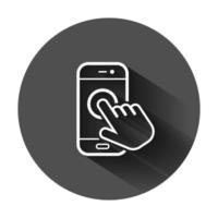 Hand touch smartphone icon in flat style. Phone finger vector illustration on black round background with long shadow. Cursor touchscreen business concept.