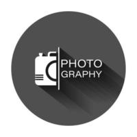 Camera device sign icon in flat style. Photography vector illustration on black round background with long shadow. Cam equipment business concept.