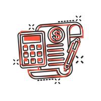 Money calculation icon in comic style. Budget banking vector cartoon illustration on white isolated background. Financial payment splash effect business concept.