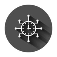 Real time icon in flat style. Clock vector illustration on black round background with long shadow. Watch business concept.