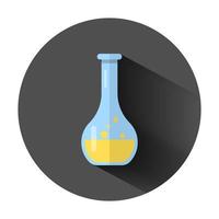 Chemistry beakers sign icon in flat style. Flask test tube vector illustration on black round background with long shadow. Alchemy business concept.