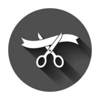 Scissors icon in flat style. Cutting ribbon vector illustration on black round background with long shadow. Ceremonial business concept.