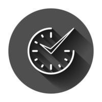 Real time icon in flat style. Clock vector illustration on black round background with long shadow. Watch business concept.