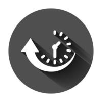 Downtime icon in flat style. Uptime vector illustration on black round background with long shadow. Clock business concept.