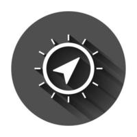 Global navigation icon in flat style. Compass gps vector illustration on black round background with long shadow. Location discovery business concept.