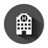 Hospital building icon in flat style. Infirmary vector illustration on black round background with long shadow. Medical ambulance business concept.