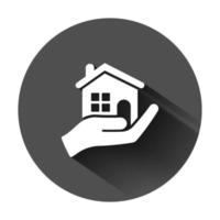 Home care icon in flat style. Hand hold house vector illustration on black round background with long shadow. Building quality business concept.