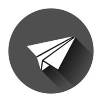 Paper airplane icon in flat style. Plane vector illustration on black round background with long shadow. Air flight business concept.