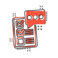 Checklist document sign icon in comic style. Survey vector cartoon illustration on white isolated background. Check mark banner business concept splash effect.