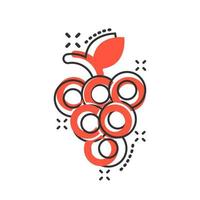 icono de signo de frutas de uva en estilo cómico. ilustración de dibujos animados de vector de vid sobre fondo blanco aislado. efecto de salpicadura de concepto de negocio de uvas de vino.