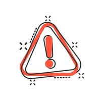 Exclamation mark icon in comic style. Danger alarm vector cartoon illustration on white isolated background. Caution risk business concept splash effect.