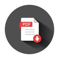 Pdf icon in flat style. Document text vector illustration on black round background with long shadow. Archive business concept.