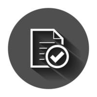 Compliance document icon in flat style. Approved process vector illustration on black round background with long shadow. Checkmark business concept.