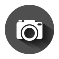 Camera device sign icon in flat style. Photography vector illustration on black round background with long shadow. Cam equipment business concept.