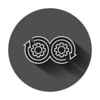 Development icon in flat style. Devops vector illustration on black round background with long shadow. Cog with arrow business concept.