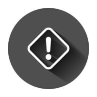 Exclamation mark icon in flat style. Danger alarm vector illustration on black round background with long shadow. Caution risk business concept.
