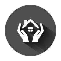 Home care icon in flat style. Hand hold house vector illustration on black round background with long shadow. Building quality business concept.