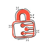 Cyber security icon in comic style. Padlock locked vector cartoon illustration on white isolated background. Closed password business concept splash effect.