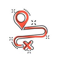 Move location icon in comic style. Pin gps vector cartoon illustration on white isolated background. Navigation business concept splash effect.