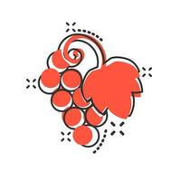 icono de signo de frutas de uva en estilo cómico. ilustración de dibujos animados de vector de vid sobre fondo blanco aislado. efecto de salpicadura de concepto de negocio de uvas de vino.