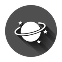 Saturno icono en plano estilo. planeta vector ilustración en negro redondo antecedentes con largo sombra. galaxia espacio negocio concepto.