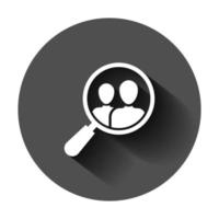 Search job vacancy icon in flat style. Loupe career vector illustration on black round background with long shadow. Find vacancy business concept.