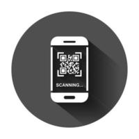 qr código escanear teléfono icono en plano estilo. escáner en teléfono inteligente vector ilustración en negro redondo antecedentes con largo sombra. código de barras negocio concepto.