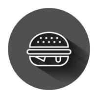 Burger sign icon in flat style. Hamburger vector illustration on black round background with long shadow. Cheeseburger business concept.
