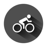 People on bicycle sign icon in flat style. Bike vector illustration on black round background with long shadow. Men cycling business concept.