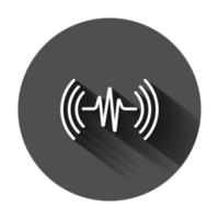 Sound wave icon in flat style. Heart beat vector illustration on black round background with long shadow. Pulse rhythm business concept.