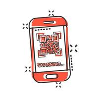 icono de teléfono de escaneo de código qr en estilo cómico. escáner en la ilustración de dibujos animados de vector de teléfono inteligente sobre fondo blanco aislado. efecto de salpicadura de concepto de negocio de código de barras.